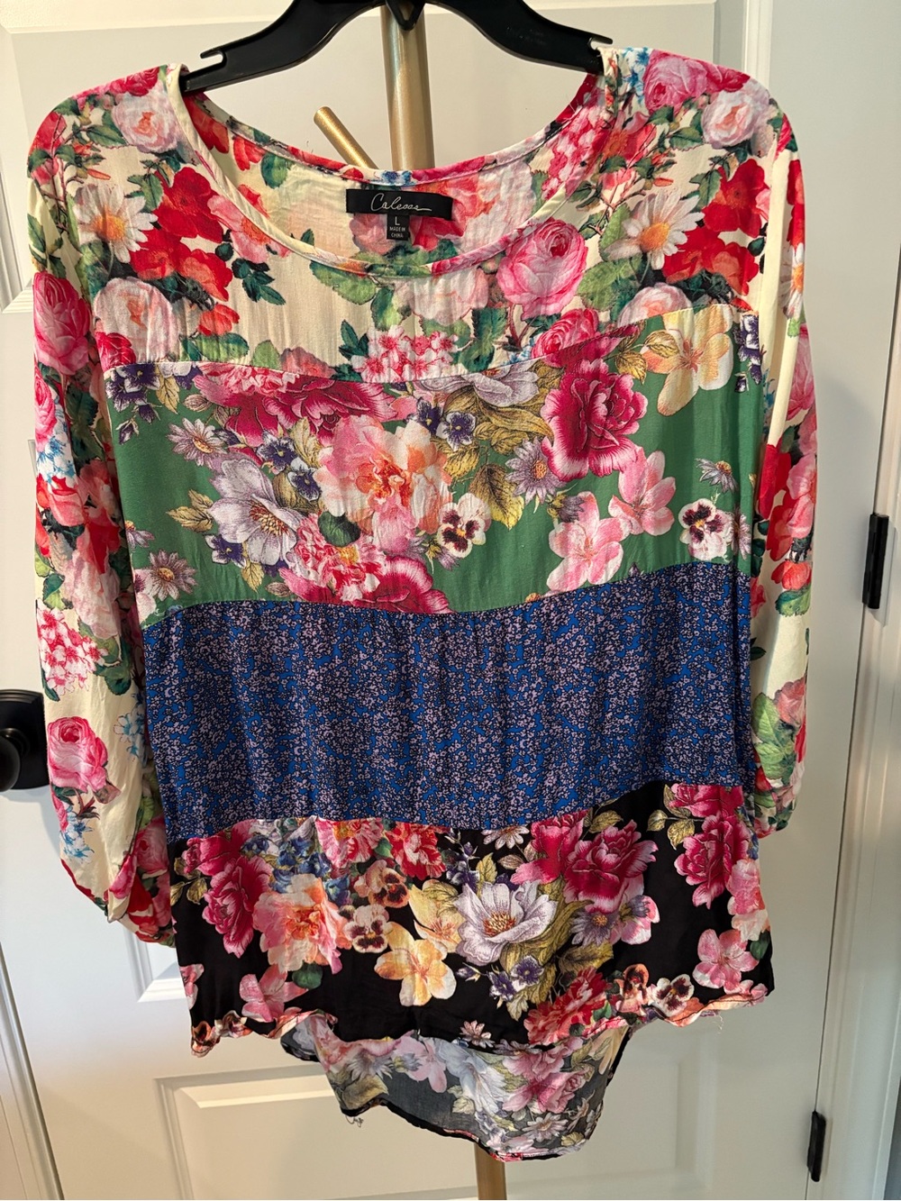 Celeste Patchwork Floral Panel Long Sleeve Top - Green, Blue, Black, Cream, Pink